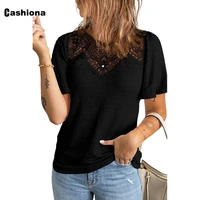 short sleeve fashion womens top 2022 summer pullovers solid lace t shirt casual skinny t shirt plus size frauen shirts clothing