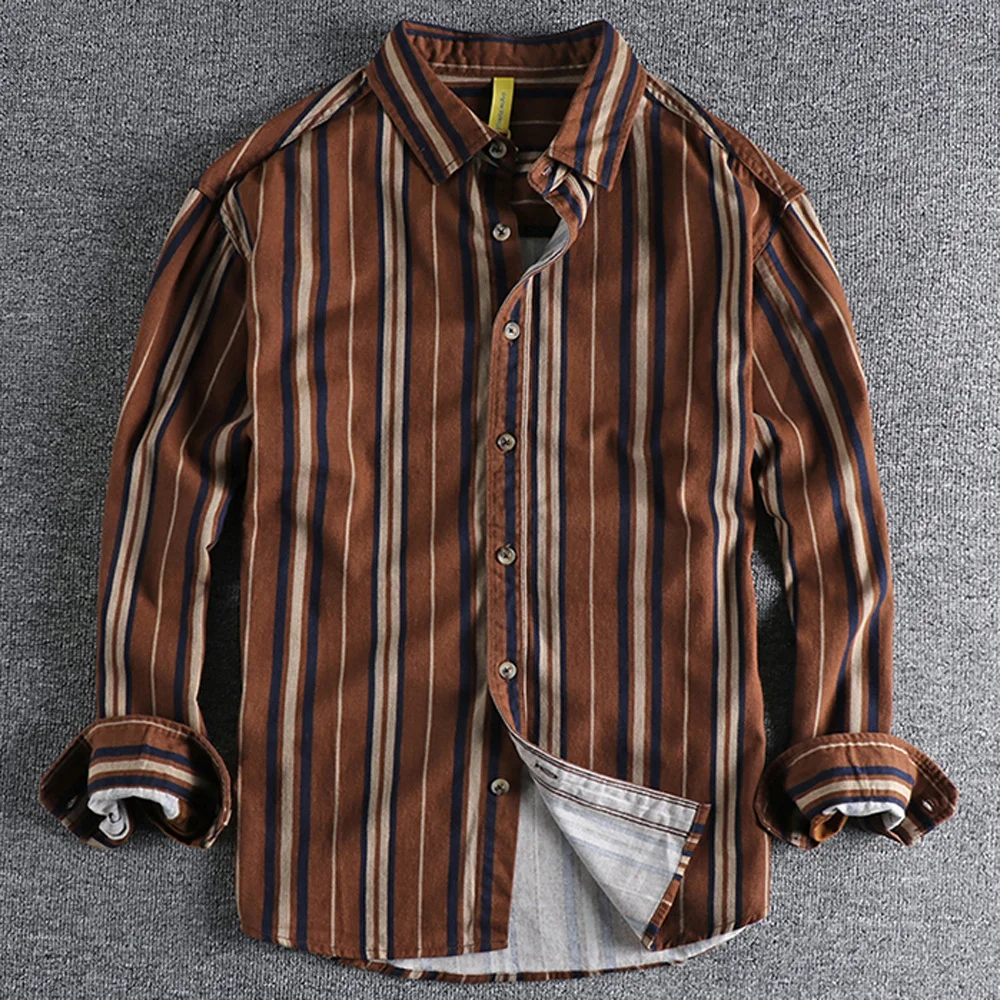 

Vintage Fresh Mens Stripe Shirt Jackt Long Sleeve High Street Youth Man's Cotton Thin Top Shirt Coat Spring Summer Streetwear