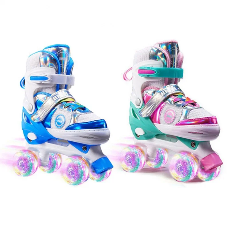 Boys Girls Kids Skates Children Roller Skates Skating Shoes Sliding Adjustable Quad Sneakers PU Flashing 4 Wheels Roller Skates