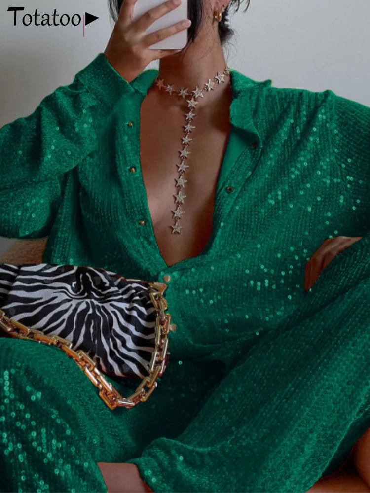 Totatoop-женская блузка на пуговицах с V-образным вырезом и пайетками рубашки длинным