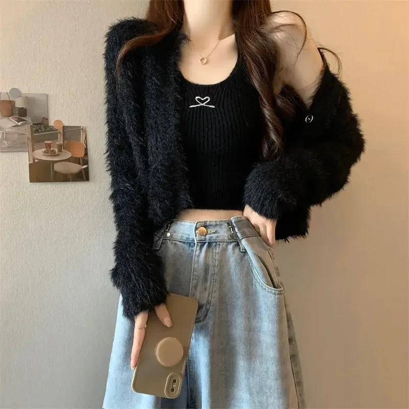 Женский трикотажный кардиган на бретелях розовая кашемировая кофта из меха