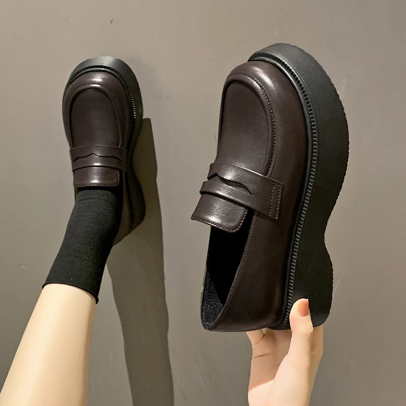 

Casual Woman Shoe Clogs Platform Loafers With Fur Round Toe Modis Shallow Mouth Female Footwear Oxfords Black Flats Creepers Sli