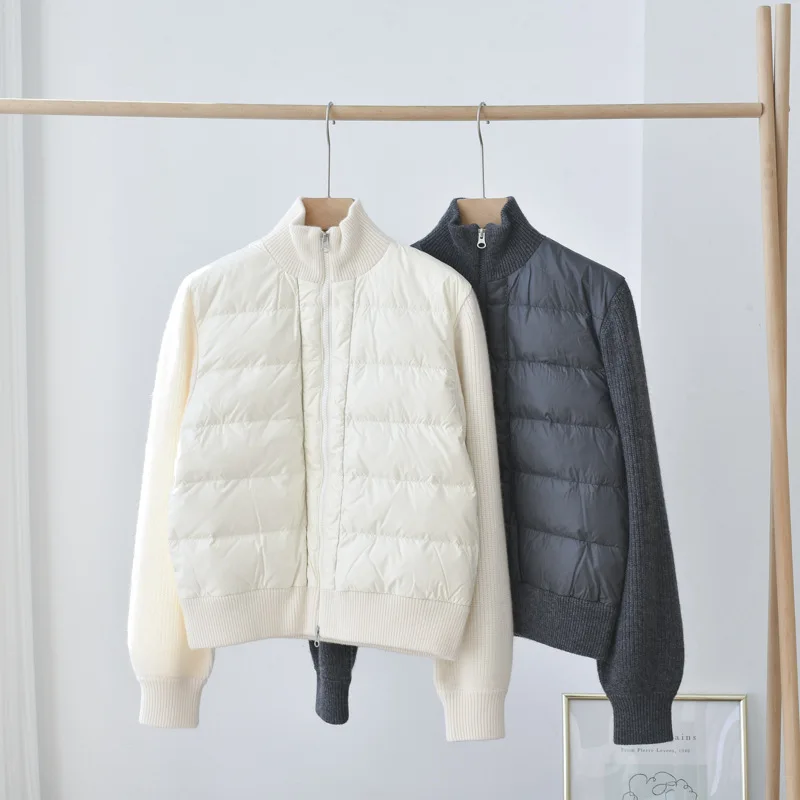 2022 new loose cashmere goose down jacket cardigan stand collar knitted stitching stand collar zipper warm all-match jacket enlarge