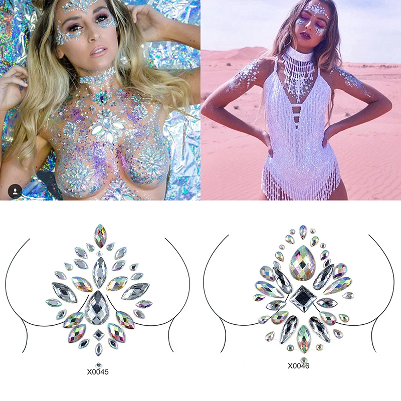 

Acrylic Colorful Crystal Breast Chest Paste Sexy Breast Self Adhesive Stickers Breathable Nipple Bra Breast Stickers