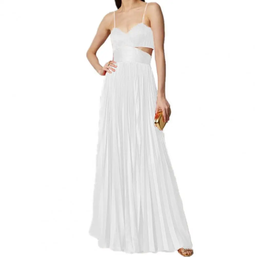 

Bandeau Sleeveless Backless High-Waist A-Line Sling Dress Waist Hollow Stitching Pleated Large Hem Maxi Dress Female Clothing