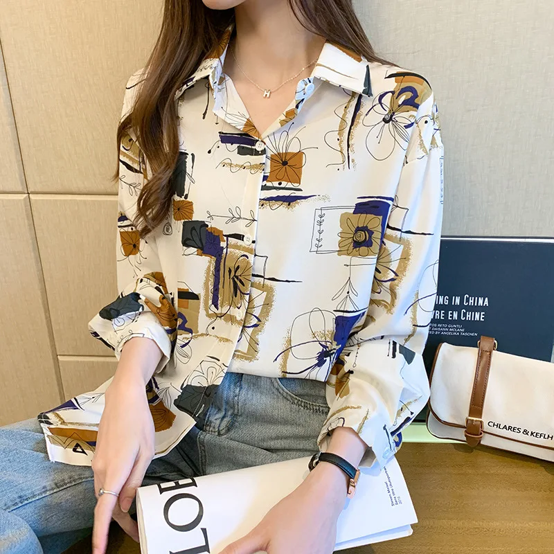 

Retro Printing Buttons Temperament Chiffon Long-sleeved Shirt Women's Top 2022 Popular Loose Design High-quality Fashion Lapel