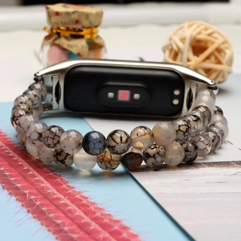 Elastic Bracelet Watchband Mi7 Strap for Xiaomi Mi Band 8 7 6 5 4 Wristband Replacement Jewelry Beaded Dressy Agate Handmade DIY