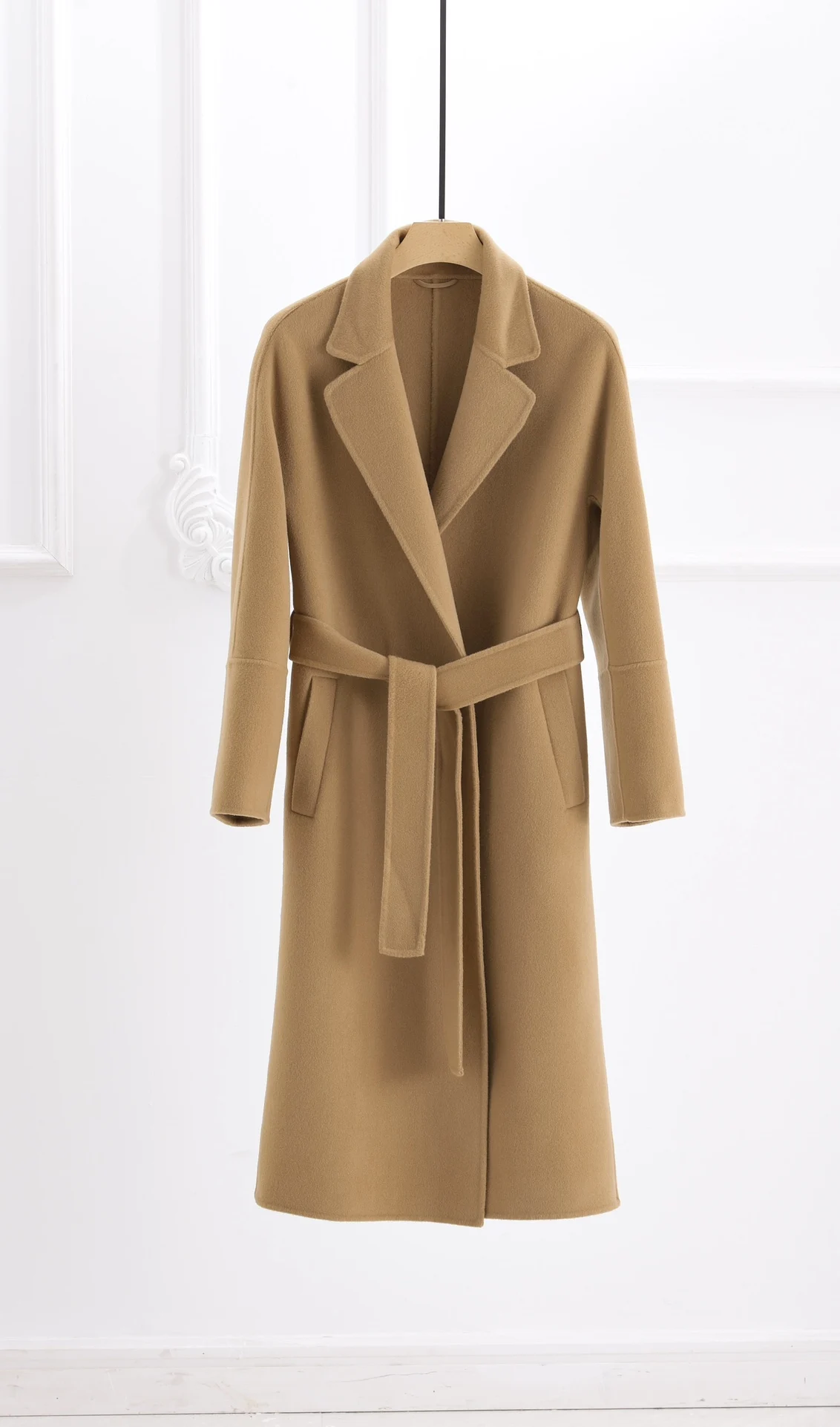 

New autumn and winter hand-stitched double-sided cashmere coats with long lapels and stickers designed in khaki