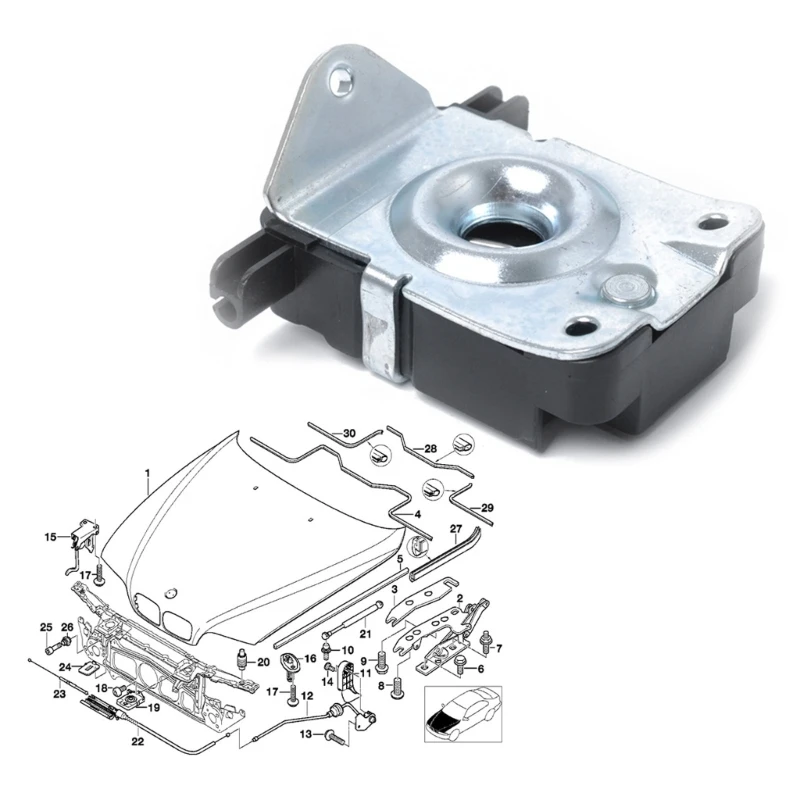

Aluminum Bonnet Lock Mechanism Hood- Catch Replacement 51238203859 for 3 E46 5 E39 X5 E53 Z8 E52 Auto Accessories