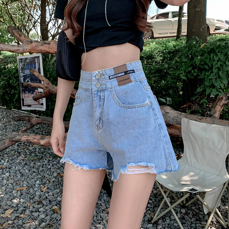 High waisted denim shorts for women's summer 2023 new Korean version A-line loose fitting and slim slim with a raw edge hot pant