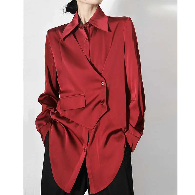 

XUXI Lapel-Collar Casual Red Wine Shirt Women Loose Long Sleeve Fashion Single-breasted Splicing Top Blouses Autumn 2021 E4817