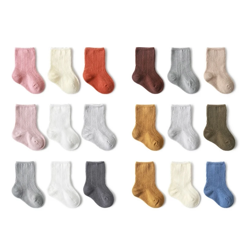 

H37A 3 Pairs- Unisex Toddlers and Babies' Socks Ripple-Edge Macaron Color Frilly Ankle Socks Infant Non-Skid