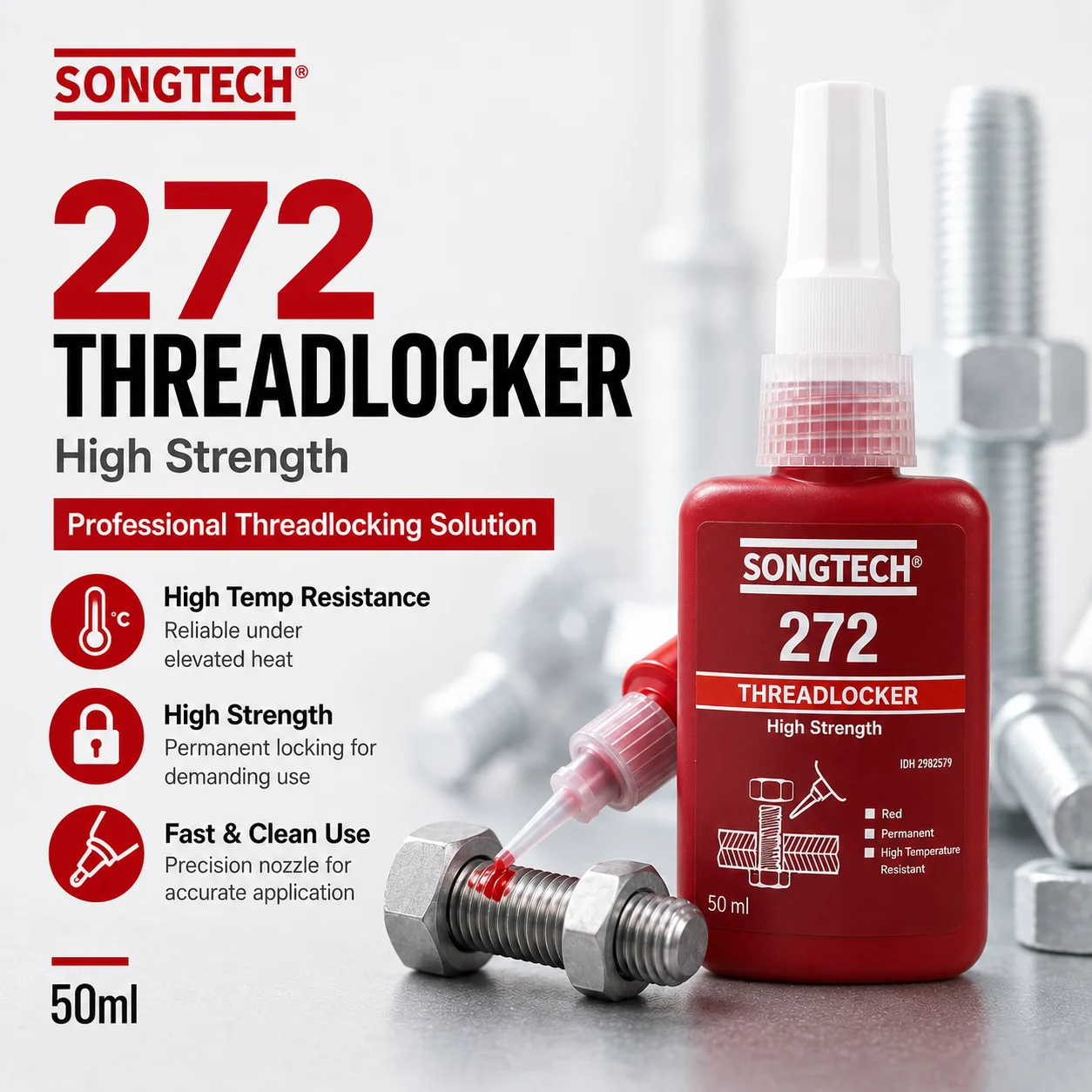 Фото Клей-фиксатор резьбы SongTech Loctite 272, высокотемпературный, красный, высокопрочный, для металлических болтов и гаек №1