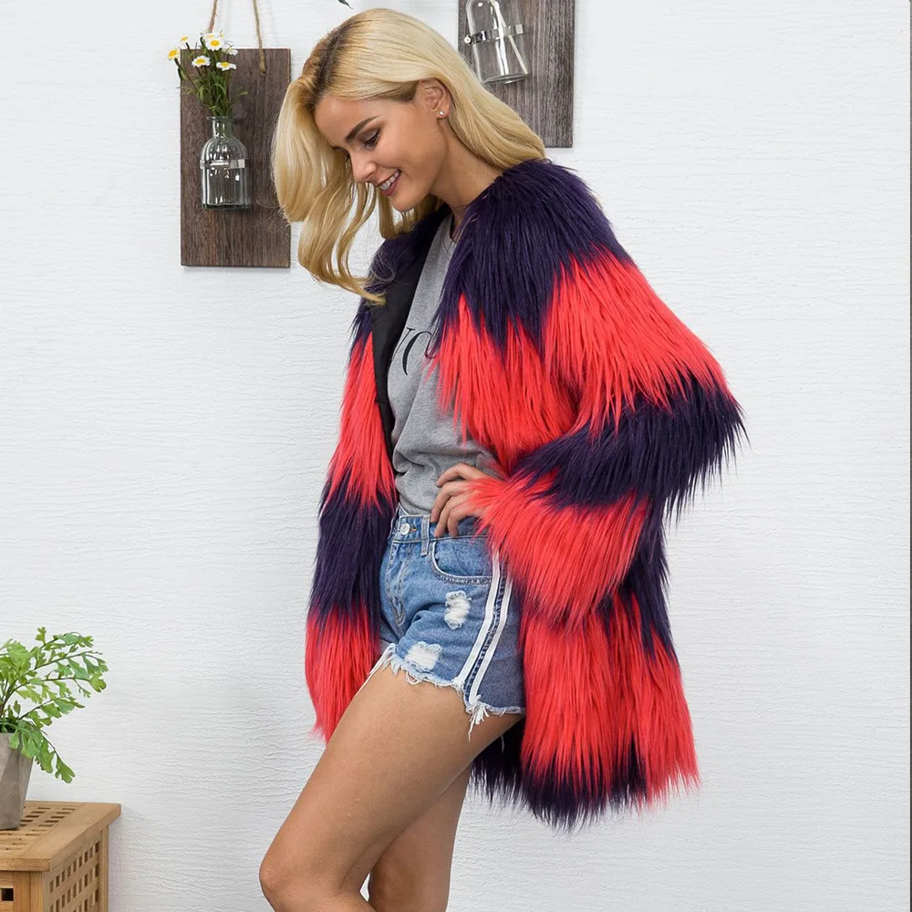 Women's Leather Fur Coat Fall Winter Fashion V-neck Imitation Fur Contrast Color Coat Women's Mid-Length Furry Top Faux Fur Coat