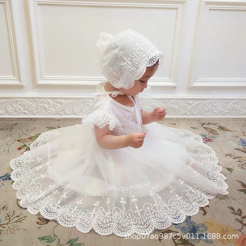 

2022 Summer Baby Dress Pure White Sleeveless Princess Clothes Year Old Girls Birthday Dress Baptism Ceremony Lace Birthday Suit