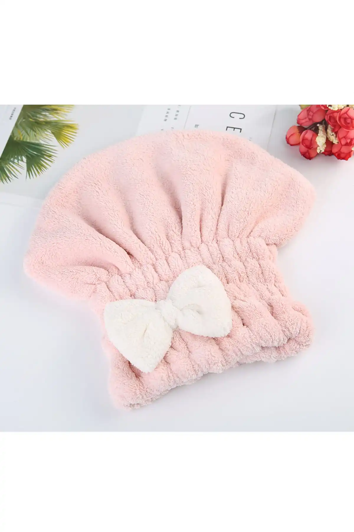 Розовое полотенце для сушки волос с бантом | Дом и сад