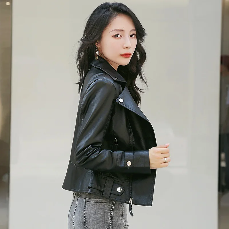 2022 Autumn Women's PU Motorcycle Leather Women's Short Korean Slim Fit Coat Skinny Leather Jacket Beige White Leather Top