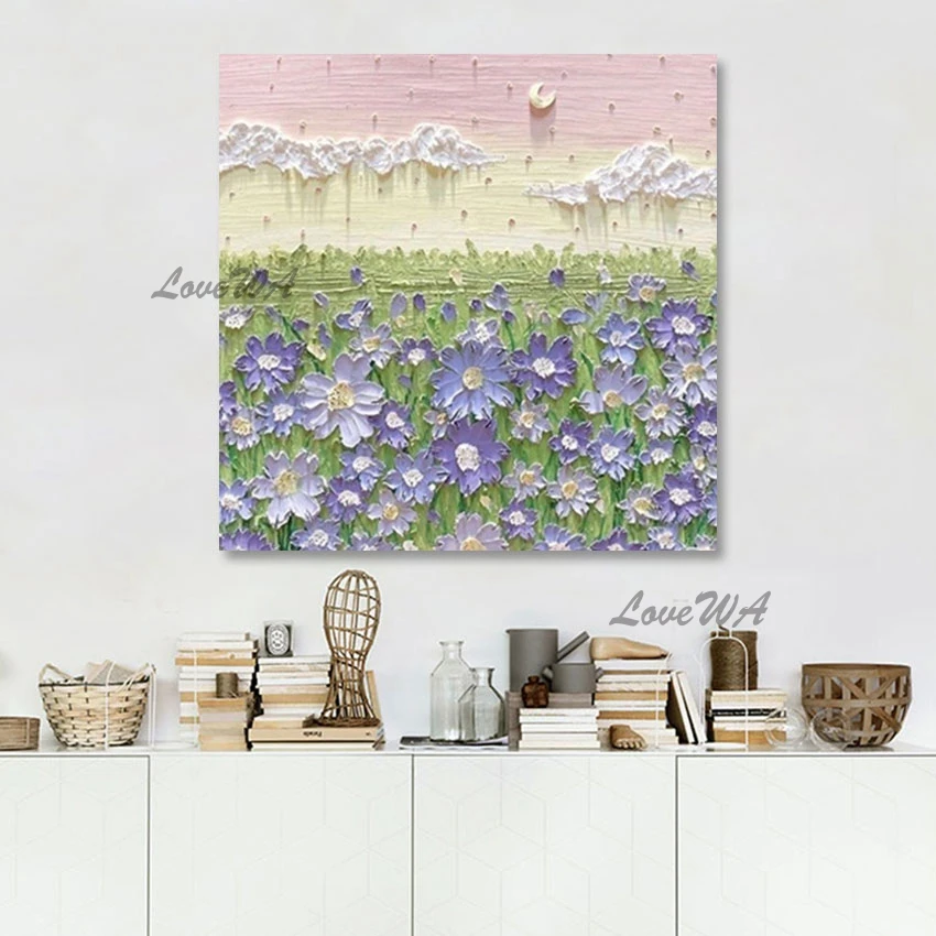 

Framless 3D Thick Oil Paint Purple Handmade Beautiful Flower Painting High Quality Large Canvas Art Home Decoration Piece