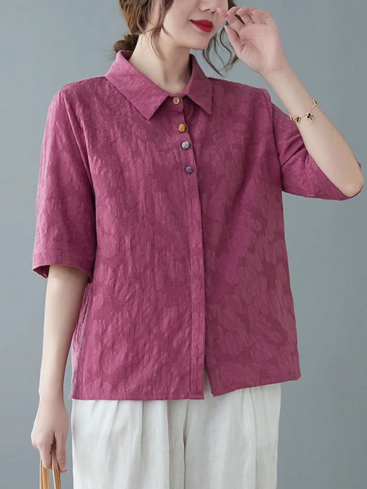 

High Quality Women Casual Shirts New 2022 Summer Vintage Style Solid Color Loose Cotton Linen Female Half Sleeve Tops B1622