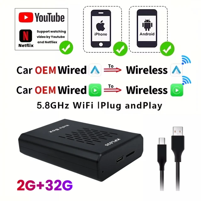 

2 + 32G Mini Android Smart AI адаптер Портативный 4 в 1 беспроводной CarPlay Android Auto CarPlay Box для OEM Plug and Play с автоматическим подключением