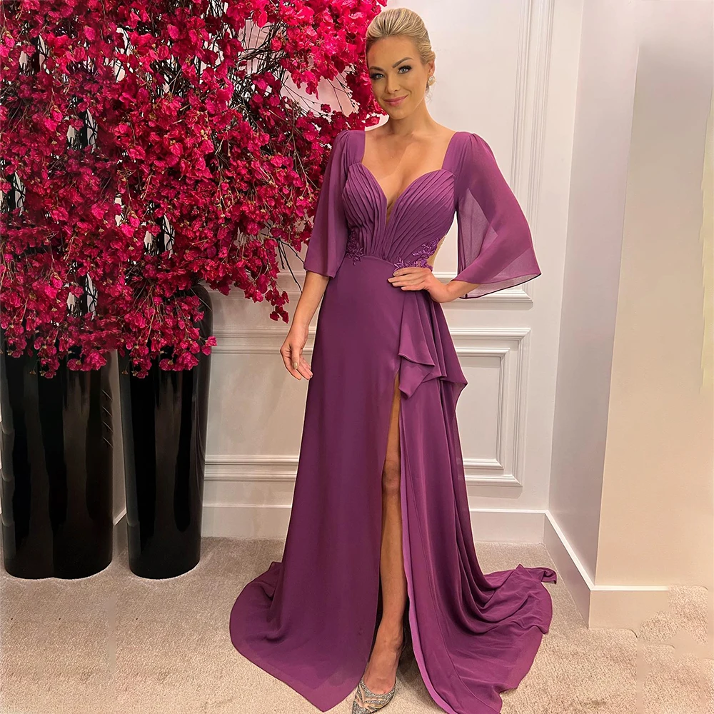 

Laxsesu Purple Chiffon Evening Dresses Three Quarter Sleeves A-Line Prom Dress High Side Slit Backless Formal Prom Gowns 2022