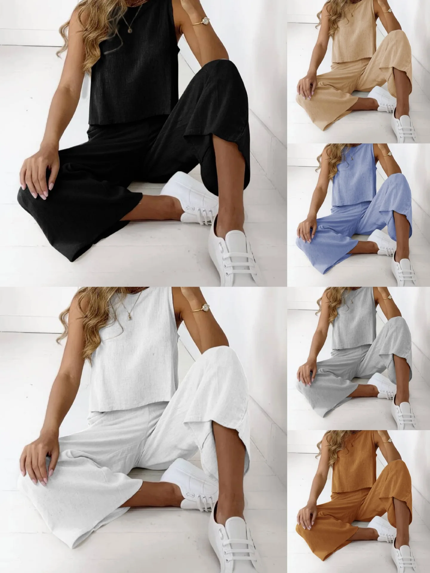 

New Cotton Hemp Jmuosuit Solid Color Two Piece Set 2023 Summer Casual Fashion Comfort Sleeveless O-neck Top Wide Leg Pants