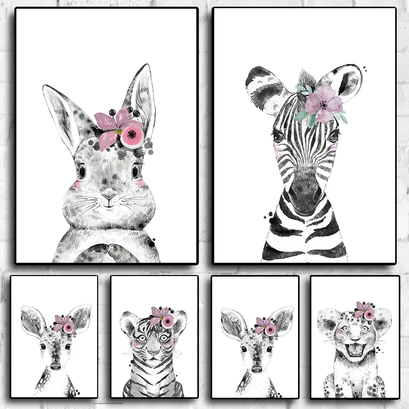 Скандинавский милый животный Олень Кролик Тигр Жираф мультфильмы картины на холсте постеры для детской комнаты гостиной дивана настенное искусство домашний декор Скандинавский милый животный Олень Кролик Тигр Жираф мультфильмы картины на холсте постеры для детской комнаты гостиной дивана настенное искусство домашний декор