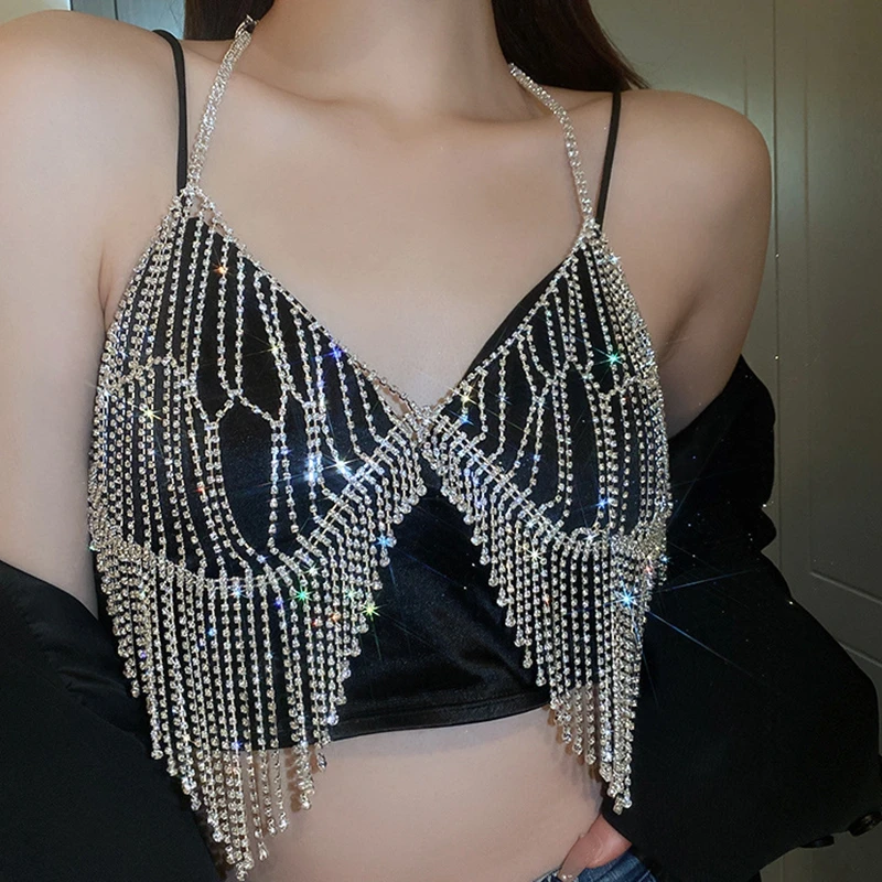

MOGAKU Sexy Full Crystal Body Chain Women Shiny Rhinestone Chest Necklace Harness Fashion Beach Bikini Bra Chains Body Jewelry