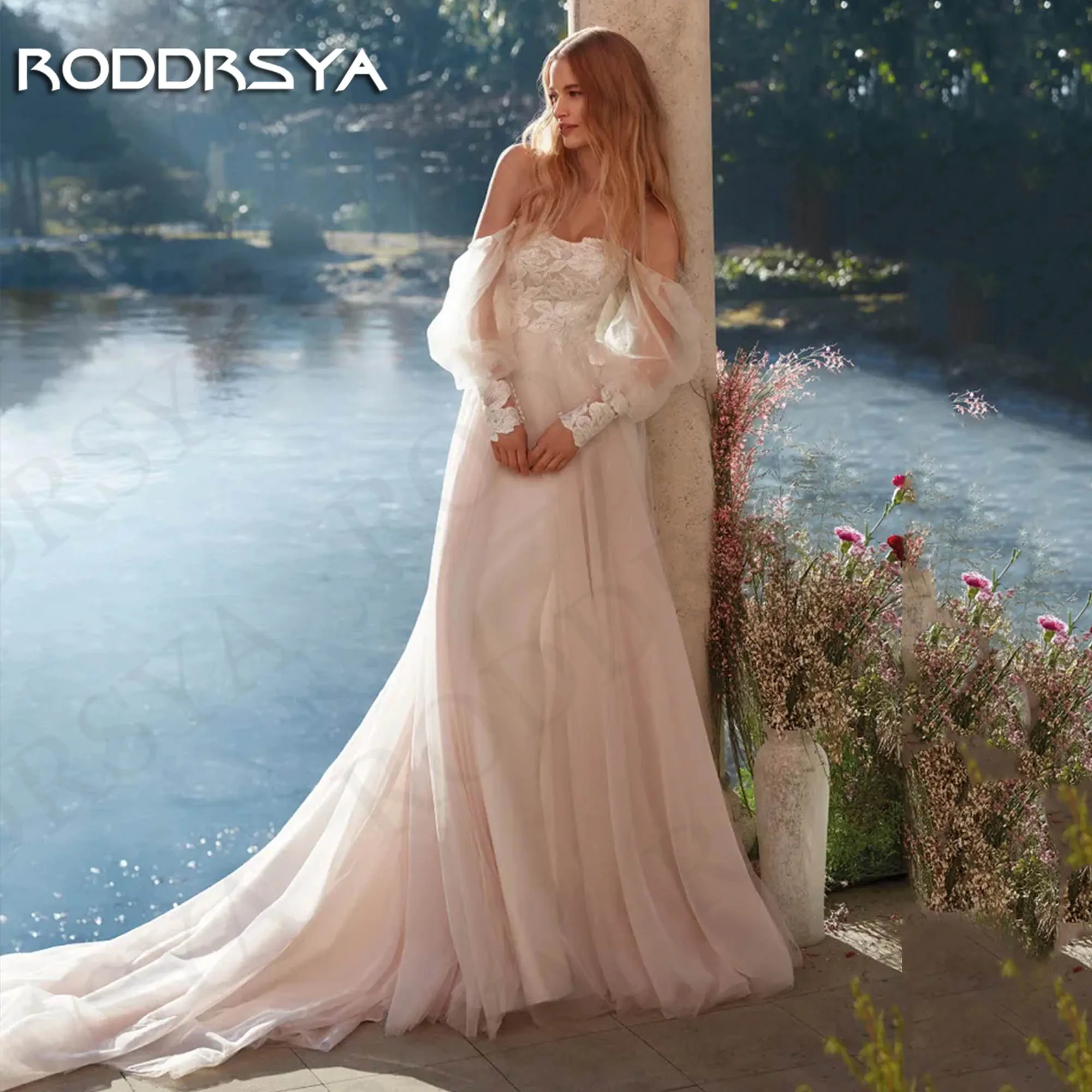 Свадебное платье принцессы RODDRSYA с пышными рукавами аппликация открытая спина