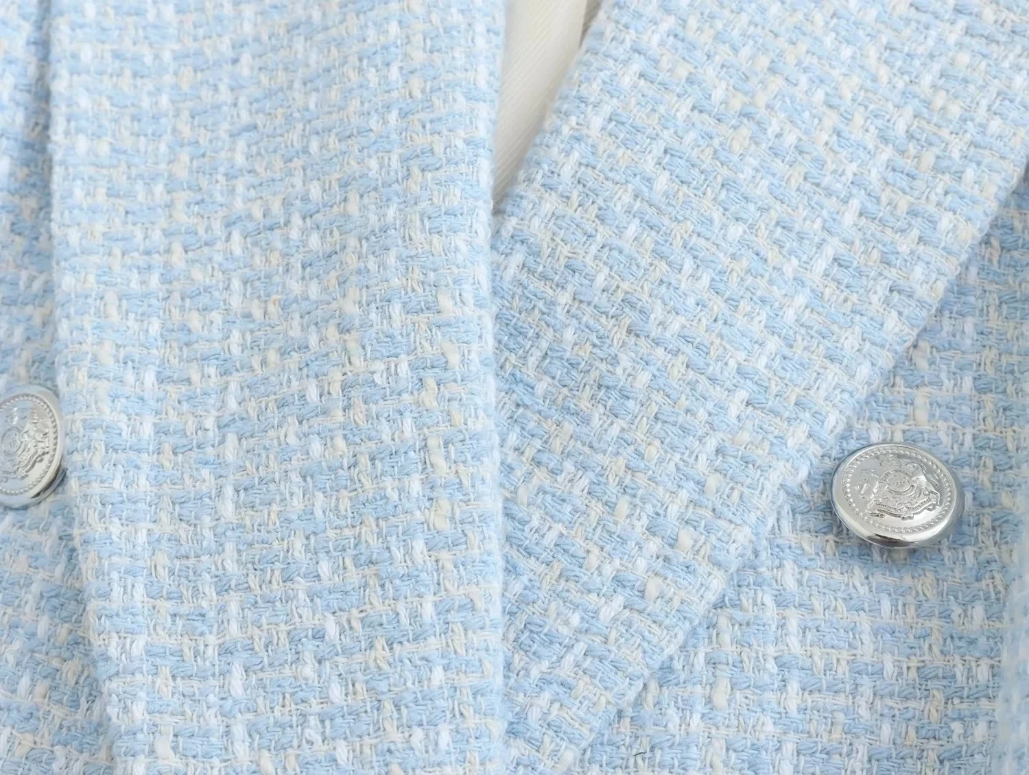 Maxdutti Enlgand Style Sky Blue Jacket Woolen Texture Fahsion Double Breasted Casual Blazers Women