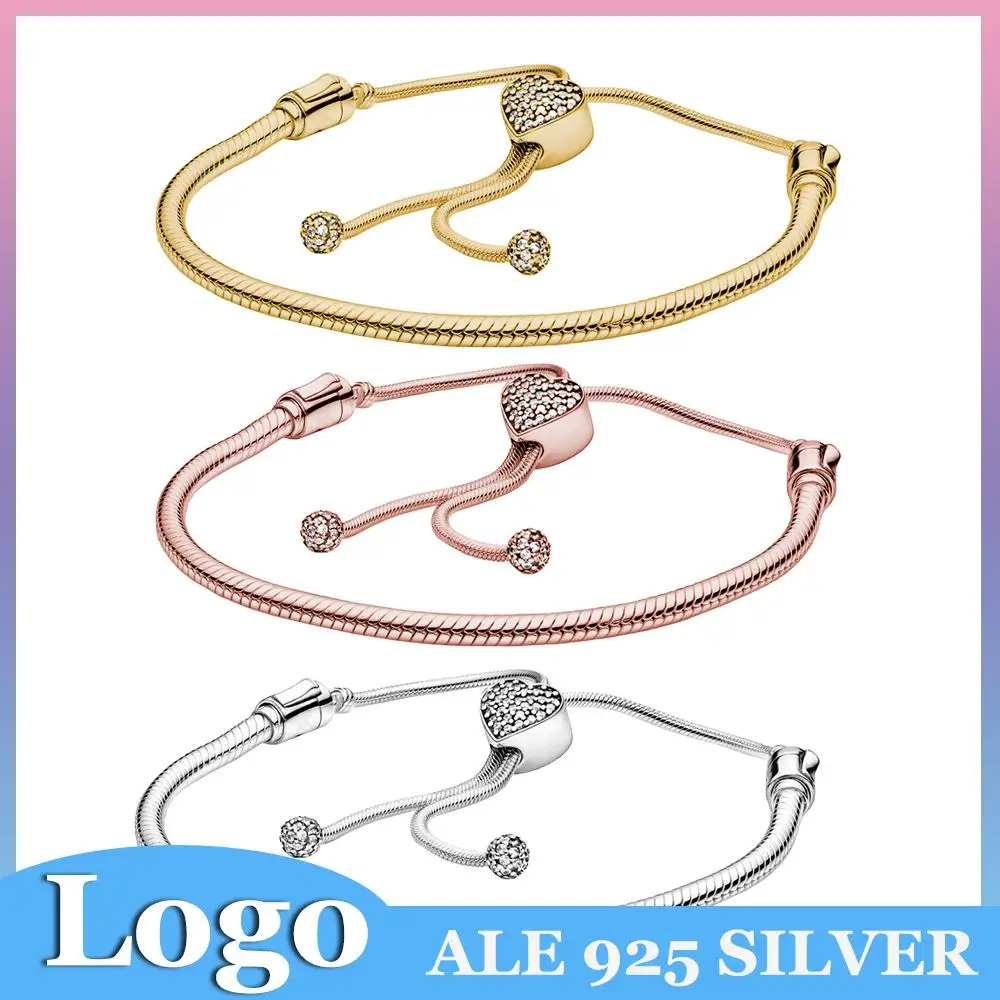 

925 Sterling Silver Chain Snake Bone Adjustable Bracelet Bangle for Men and Women Pandora CZ Heart Beads Basic Bracelet