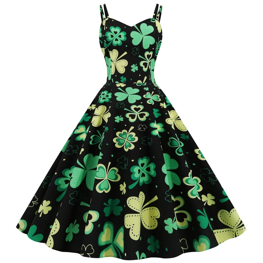 

St. Patrick's Day Women Evening Print Party Prom Strap Big Swing Dress