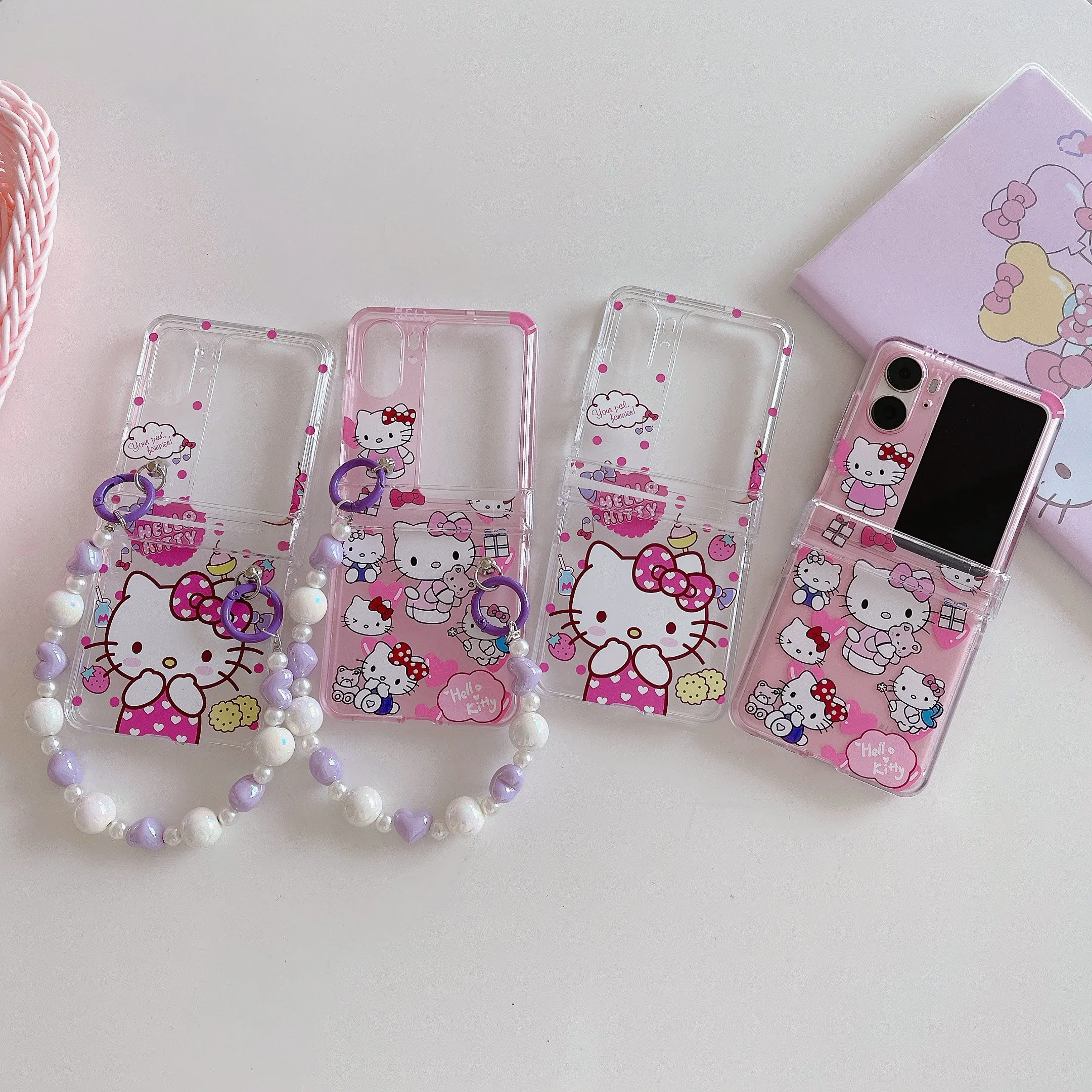 

Cute Cartoon Sanrio Hello Kitty With Bracelet Lanyard Phone Case for OPPO Find N2 Flip Fold Fashion Anti-fall Back Cover Fundas