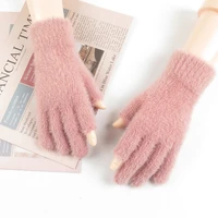 spring winter women warm plush fingerless gloves mink hair cute japanese driving touch screen mitten pure white black pink drive