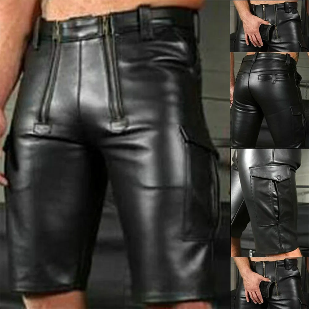 Men's Leather Pants New Solid Color PU Casual Male Short Leather Pants Black Slim Fit Streetwear Pantalon Cuir Homme