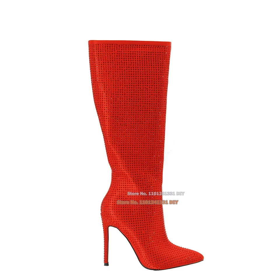 

Сапоги женские замшевые до колена, заостренный носок, тонкий высокий каблук 110 мм, красные