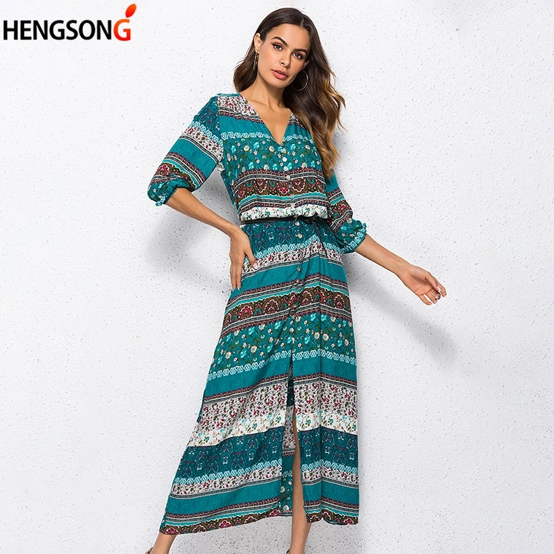 

2022 New Bohemian Printing Long Dress Women Maxi Long Dress Floral Print Retro Hippie Vestidos Chic Brand Clothing Boho Dress
