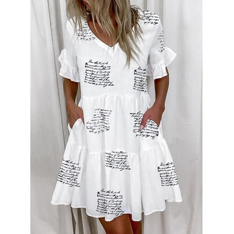 

Women Dress Holiday Summer Ladies Fashion Short Sleeve Ruffle Party Dress Pocket Loose Vestidos Casual V-Neck Robe Femme