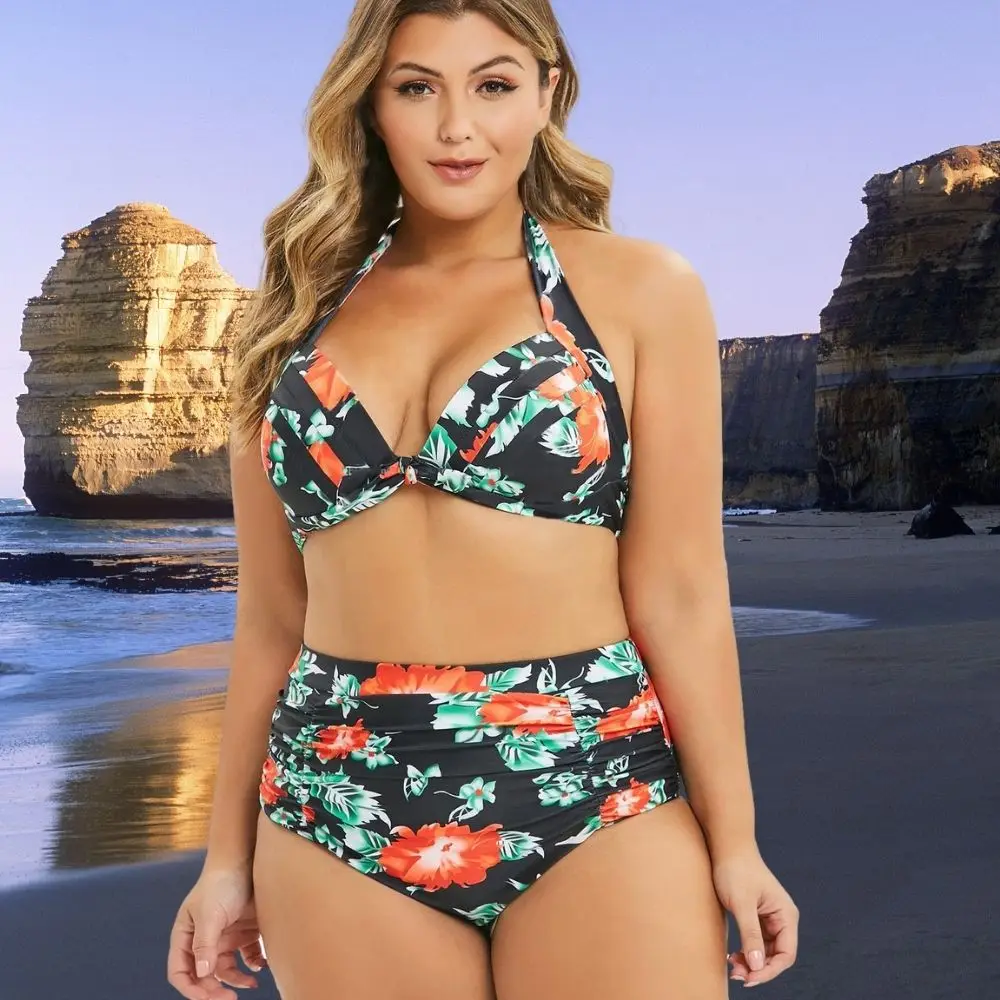 Sexy For Women Oversize Two-Piece Orange Flower Swimwear Set Black Sexy Tummy Control Bikini Summer Beachwear