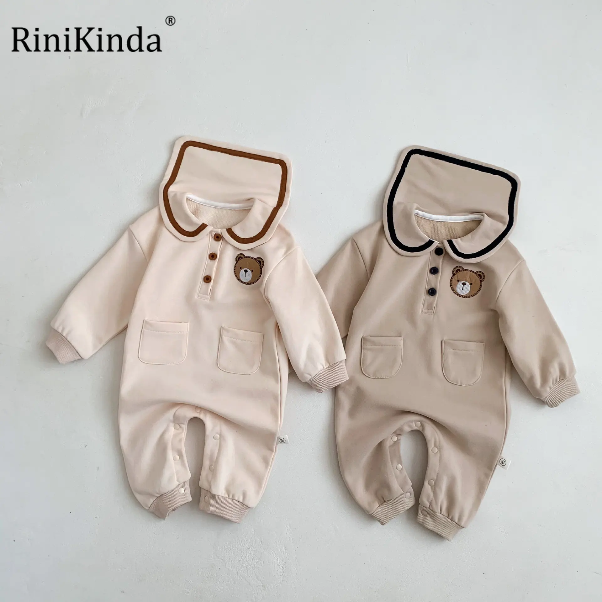 

RiniKinda Autumn Newborn Infant Baby Boys Girls Romper Playsuit Overalls Cotton Long Sleeve Turn Down Collar Jumpsuit Clothes