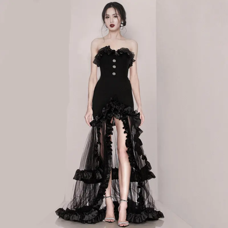 Runway Sexy Summer Strapless Asymmetry Party Dress 2023 New Elegant Women Off Shoulder Diamonds Button Ruffles Long Vestidos