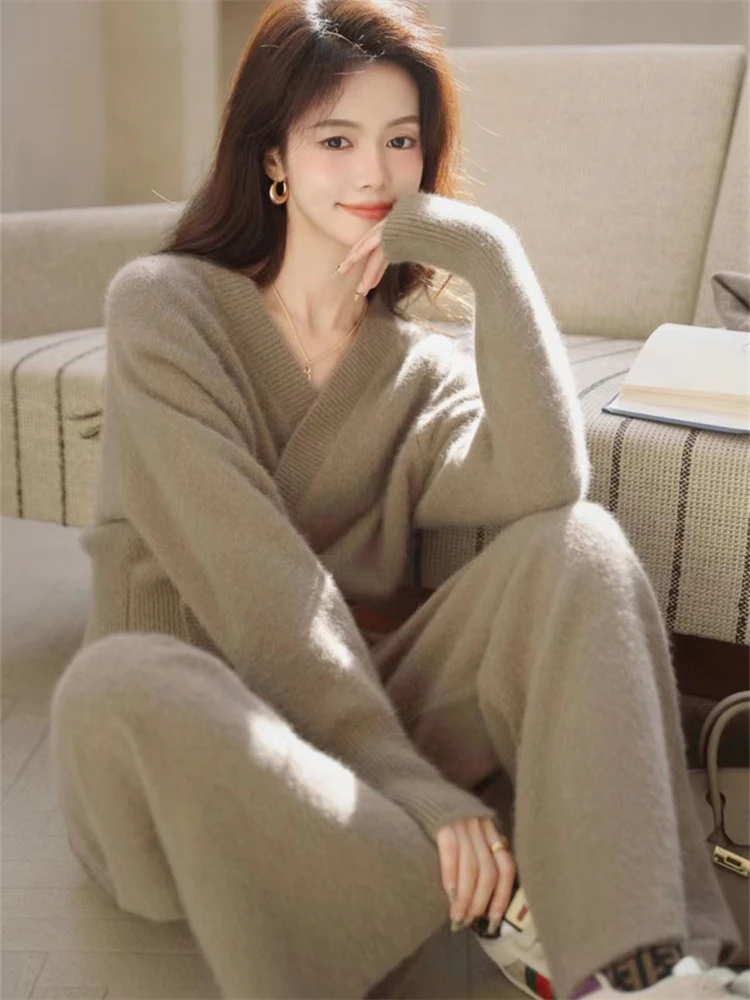 

Women Sweater Winter 2 Piece Sets Elegnat Knitted Suits Female Sweaters Vintage Womens Pants High Waist Autumn Vintage Vestidos
