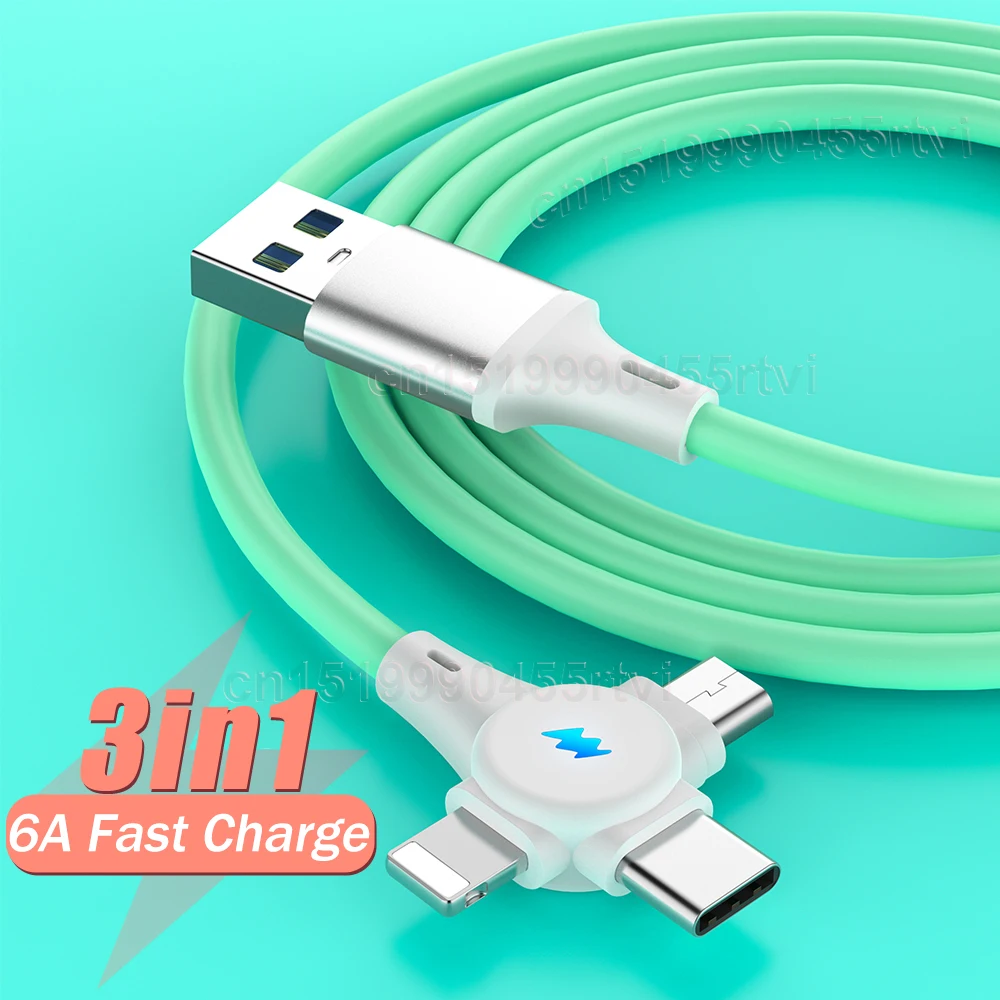 

3 in 1 Super Charge Data USB Cable for Huawei iPhone 13 12 11 2 in 1 6A Fast Charge 8 Pin Micro USB Type-c Cable for Samsung S20