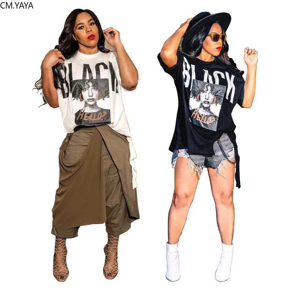 CM.YAYA women summer letter character print o-neck short sleeve t-shirt fashion classic tee tops | Женская одежда