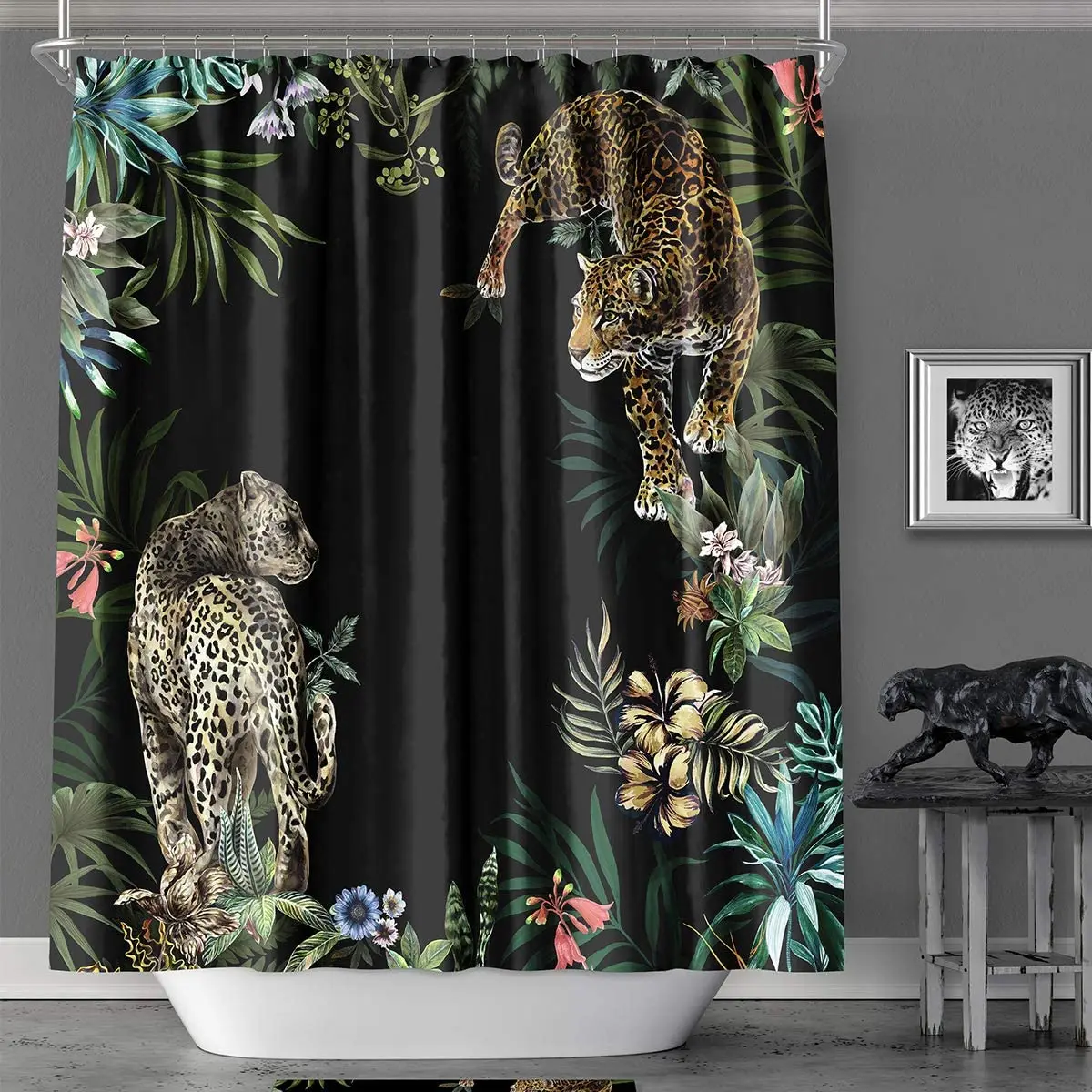 

Animal Print Leopard Shower Curtain Set,Hooks Tropical Safari Black Polyester Fabric Bathroom Shower Curtains Bath Curtain Decor
