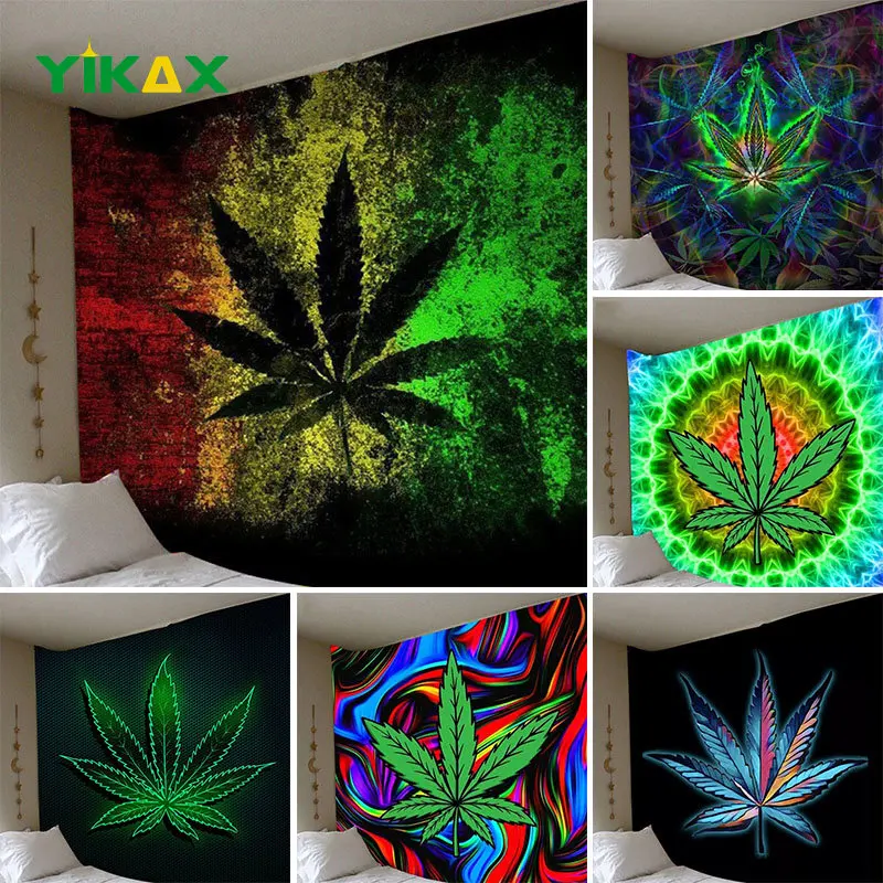 

Boho Style Tapestry Living Room Wall Hanging Cloth Psychedelic Leaf Weed Hippie India Aestheti Decor Home Bedroom Tapestries