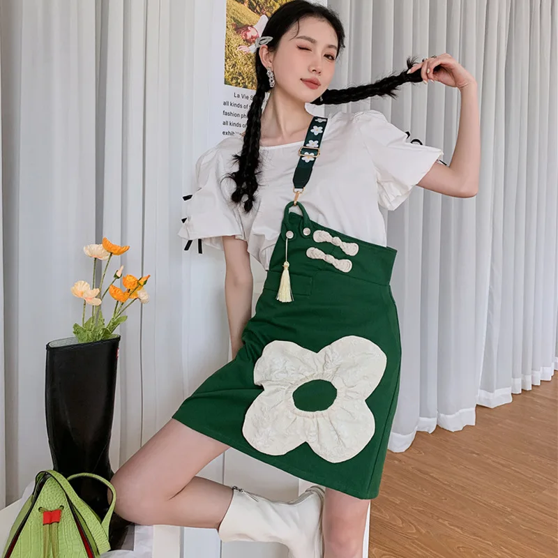 

Chic women's cotton puff sleeve white t-shirt and suspender skirt suit female 2022 summer sweet and elegant skirts two-piece set