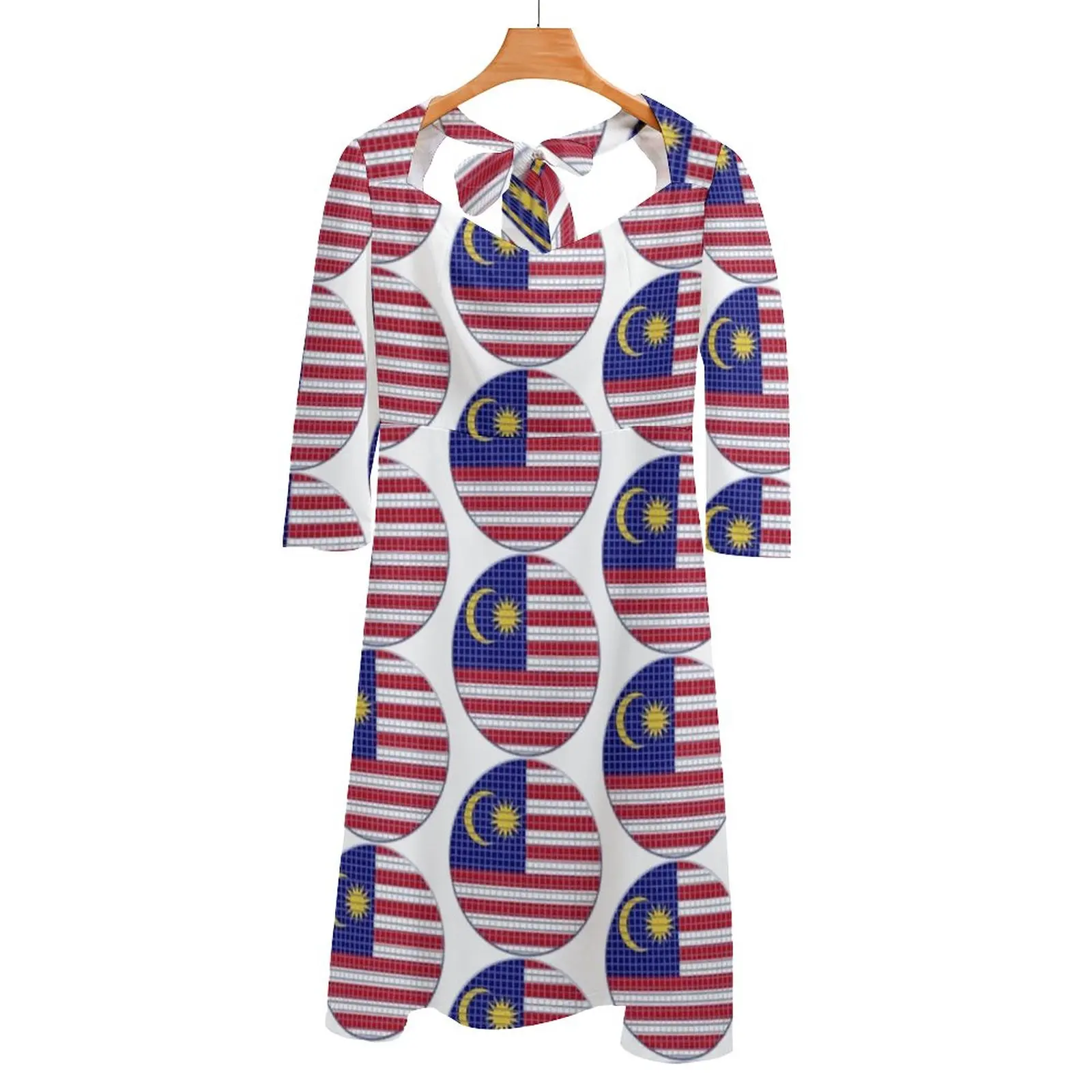 

Malaysia Flag Rounded - Squares Pixel Back Lacing Backless Dress Square Neck New Plus Size Elegant Women Dress Malaysia Flag