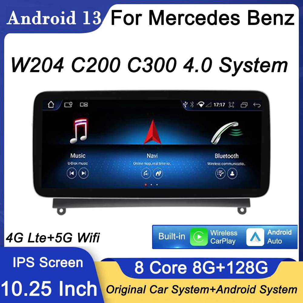 

10.25" IPS Touch Screen Android 13 For Mercedes Benz W204 C200 C300 4.0 System Car Video GPS Navigation Radio Stereo 4G+Wifi