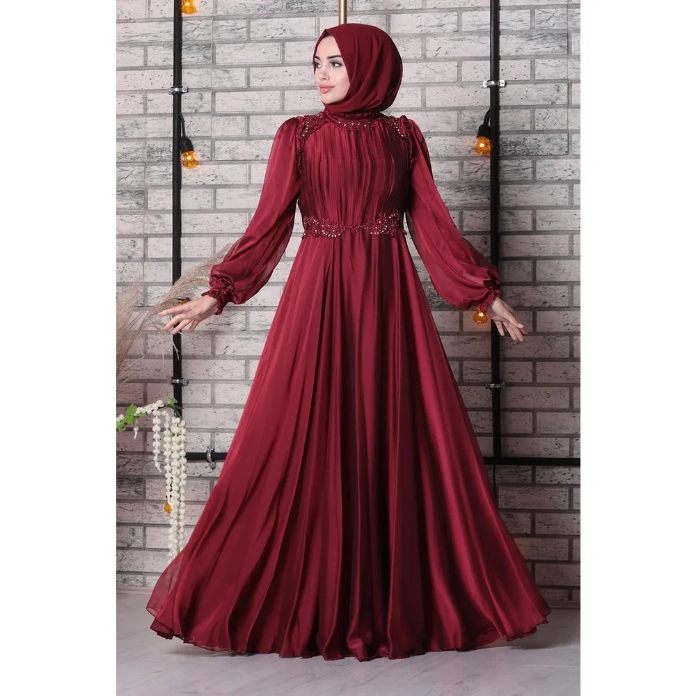 

Вечерние платья с рюшами Dorlie Veil, бордовое вечернее платье Hijab 21640BR